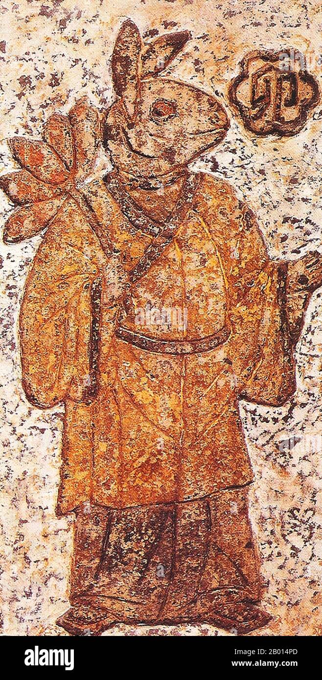 China: Guardian Deity of the Morning, ceramic tile painting, Han Dynasty (202 BCE - 220 CE).  Painting on a ceramic tile from the Chinese Han Dynasty. This figure, wearing Han Dynasty robes, represents the Guardian Spirit of Dawn (from 5 to 7 am). Stock Photo
