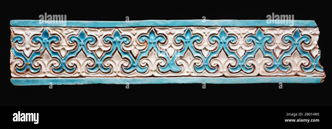 Iran: Earthenware frieze in white, turquoise and manganese glaze, c.14th century.  This frieze dates to a period when colorful, glazed pottery began to play an increasingly prominent role in decorations on Islamic architecture. The trend was already present under the Il-Khanids and reached its first culmination with the monumental architecture of the Timurids in Samarkand. Stock Photo