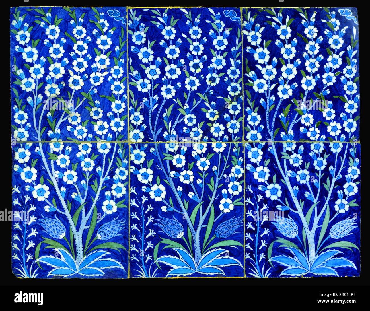Turkey: A panel of six glazed fritware tiles, c. 1540.  Fritware tiles featuring hyacinths, tulips, and cherry branches, probably from Iznik, mid 16th century. Stock Photo