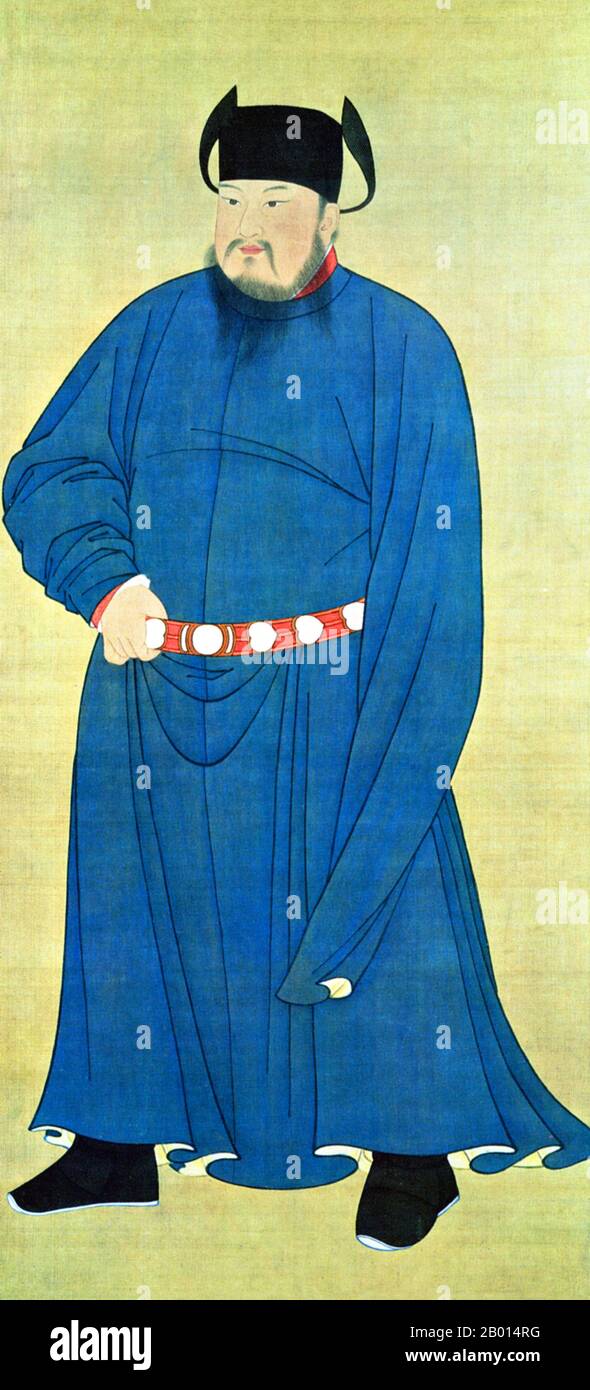 China: Emperor Zhuangzong (2 December 885 - 15 May 926), founder of the Later Tang Dynasty (r. 923-926). Hanging scroll painting, c. 923-926.  Zhuangzong, personal name Li Cunxu and nicknamed Yazi, was the Prince of Jin during the Five Dynasties and Ten Kingdoms Period. Li Cunxu was successful in overthrowing the Later Liang Dynasty in 923 and declared himself emperor of the Later Tang Dynasty, which he called the 'Restored Tang'. The capital was moved back to the old Tang eastern capital of Luoyang. As with all of the Five Dynasties, this was a short-lived regime lasting only thirteen years. Stock Photo