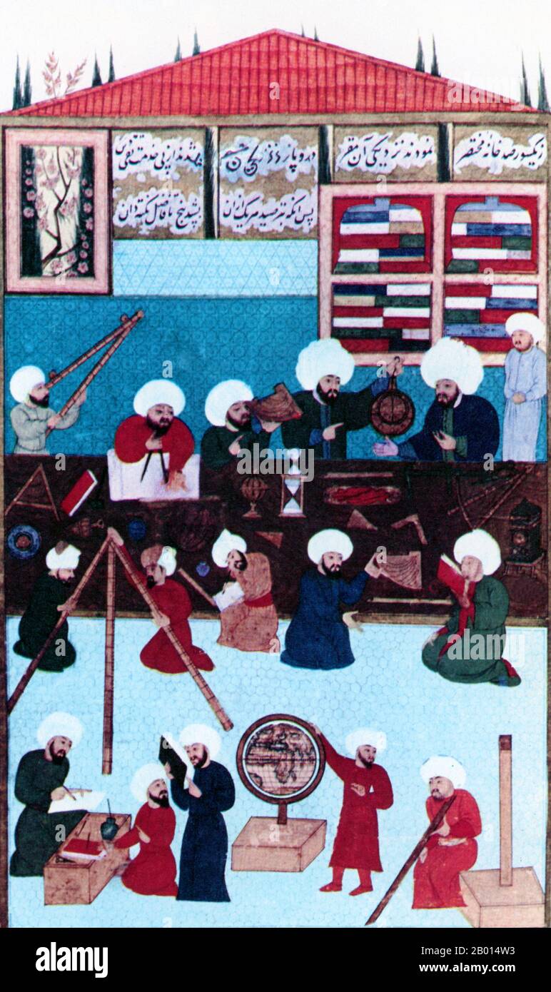 Turkey/Middle East: Ottoman astronomers use an astrolabe and a cross-staff to try to determine latitude in an observatory in Constantinople. Painting by Ala ad-Din Mansur-Shirazi (fl. 1574-1595), c. 1574-1595.  The period from the mid-8th century to the mid-13th century is considered the Islamic Golden Age. It was a time when Arabs and Muslims made great strides in the fields of science, engineering, education, technology and more. Astronomy was studied fastidiously to calculate the direction of the Qibla and to fix the times for Salah, Muslim prayers, as well as to aid sailors and navigators. Stock Photo