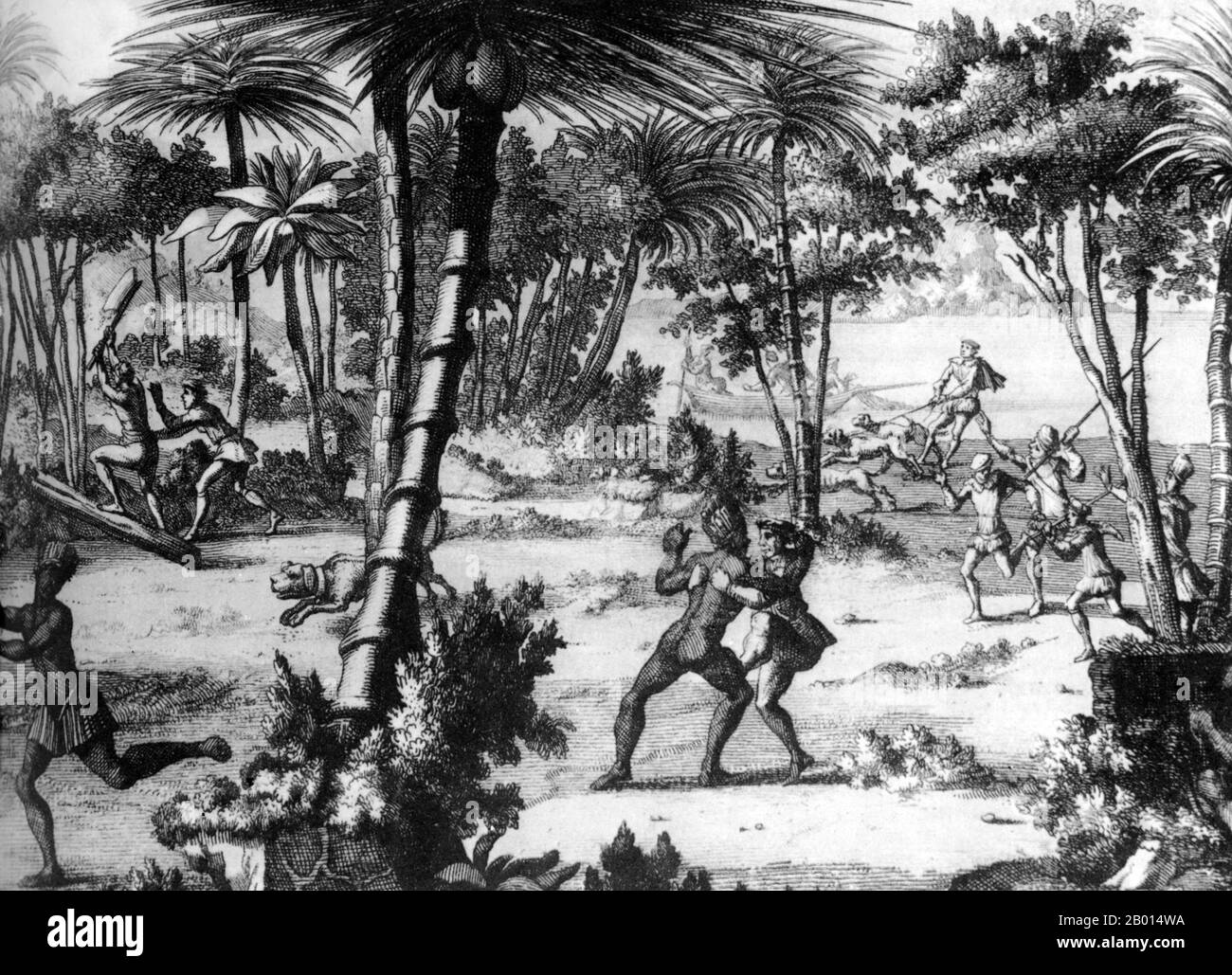 Africa: European slave traders attack and capture victims in Africa. Engraving, c. 17th century.  The Spanish were the first Europeans to transport African slaves to the New World on islands such as Cuba and Hispaniola (now the Dominican Republic and Haiti). They were soon followed by the Portuguese, France, Britain and the Netherlands. The alarming death rate in the native population spurred the first royal laws protecting them (Laws of Burgos, 1512–1513). The first African slaves arrived in Hispaniola in 1501 soon after the Papal Bull of 1493 gave all of the New World to Spain. Stock Photo