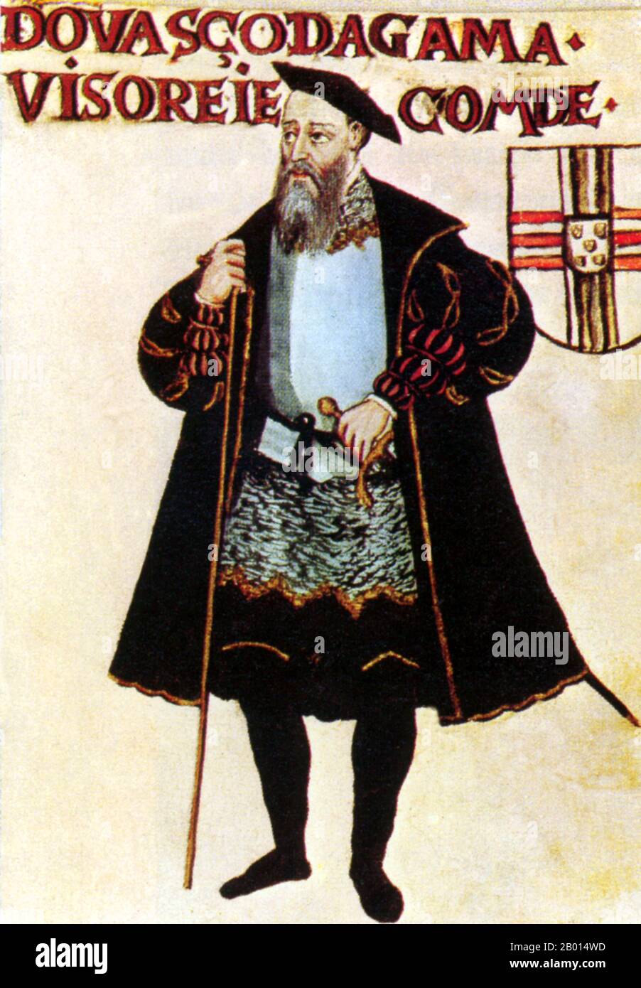Portugal/India: Vasco da Gama (1460/1469 – 24 December 1524), Portuguese explorer and navigator, with his coat of arms. Portrait painting, c. 1565.  Vasco da Gama was a Portuguese explorer, one of the most successful in the Age of Discovery, and the commander of the first ships to sail directly from Europe to India. Under the reign of King Manuel I, Portugal discovered Brazil in 1500. Meanwhile, da Gama set sail from Lisbon on July 8, 1497, with a fleet of four ships and 170 men. He sailed around the Cape of Good Hope, and finally landed in Calicut, India on May 20, 1498. Stock Photo