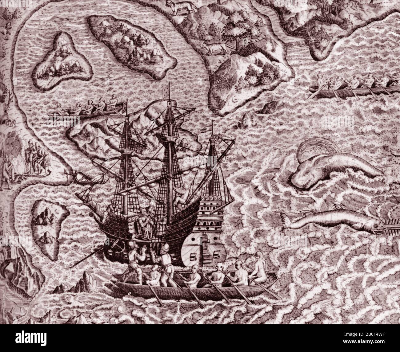 Brazil/Portugal: The arrival of Cabral's fleet in Porto Seguro on the coast of Brazil in April 1500. Engraving by Theodor de Bry (1528 - 27 March 1598), 16th century.  Following Portuguese navigator Vasco da Gama's success in discovering a sea route around Africa to India in 1498, King Manuel I commissioned Pedro Alvares Cabral to lead a second voyage of 13 ships and 1,500 men to India. Although he intended to stay close to the west coast of Africa, Cabral sailed far off course and accidentally chanced upon the coast of South America. Stock Photo