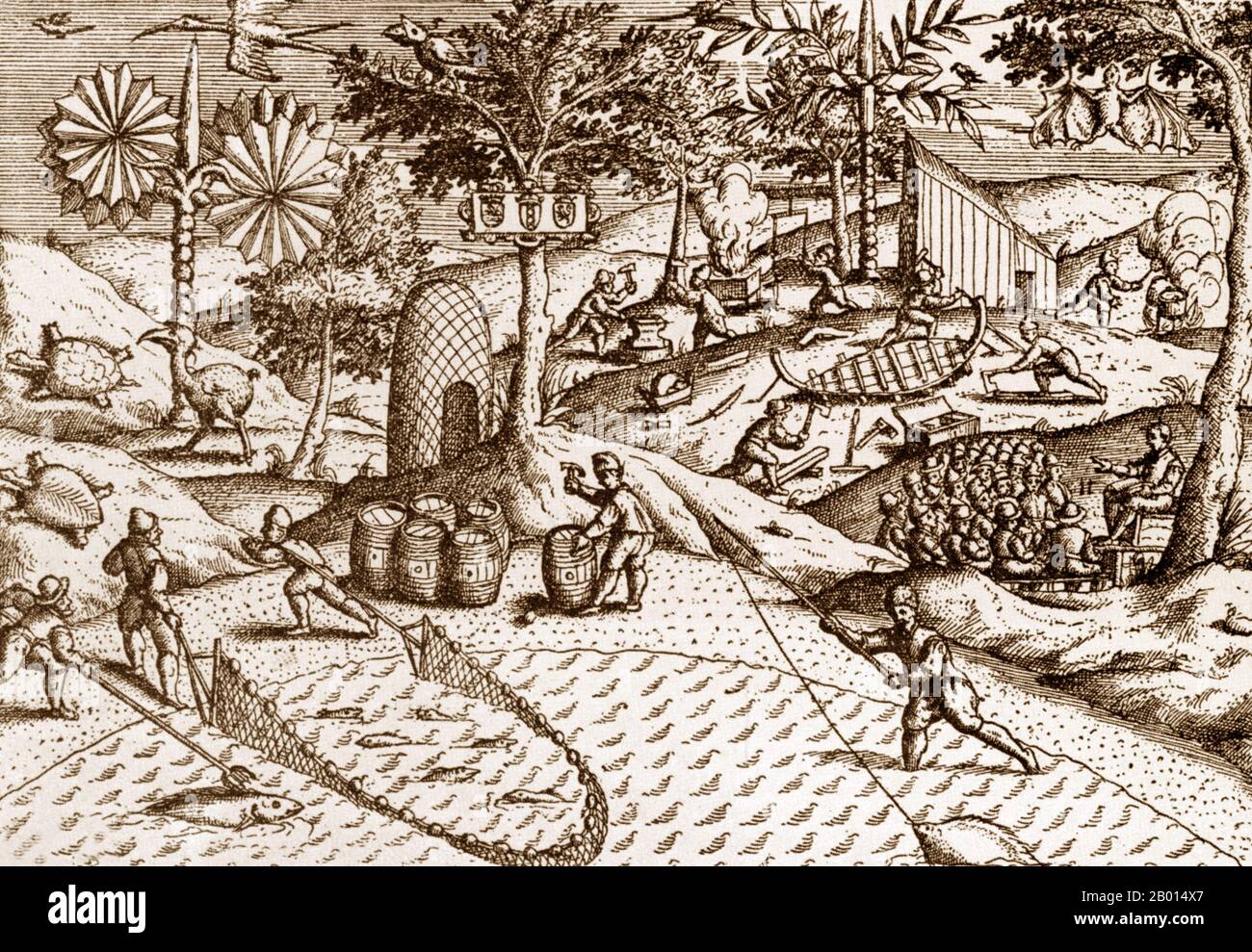 Netherlands/Mauritius: Van Warwijk’s sailors on the island of Mauritius, claimed by the Dutch in 1598. Note the Dutch coat of arms nailed to a tree in the centre, making it clear who is colonising the island. Copper engraving by Johann Theodor de Bry (1561-1623), 1601.  Situated some 900 km east of Madagascar, the island of Mauritius was a tantalisingly ideal port for medieval European explorers en route to India and the East Indies. It was also unpopulated but for animals, including the dodo bird. First came the Dutch: Wybrant van Warwijk claimed the island of Mauritius for Holland in 1598. Stock Photo