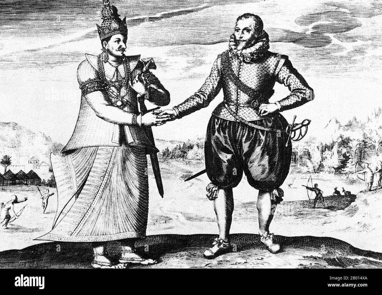 Sri Lanka/Netherlands: Commander Joris van Spilbergen meets King Vimala Dharma Suriya of Senkadagalapura in 1602. Engraving, 17th century.  Dutch naval officer Joris van Spilbergen (1568 - 31 January 1620) embarked on his first expedition when he went to Africa in 1596. He then set sail for Asia on May 5, 1601, commanding the fleet for the Moucheron trading company, a forerunner of the Dutch East India Company (VOC). He met King Vimala Dharma Suriya of Senkadagalapura (Maha Nuvara), today known as Kandy, in Ceylon in 1602 with a view to trading for the island's cinnamon. Stock Photo