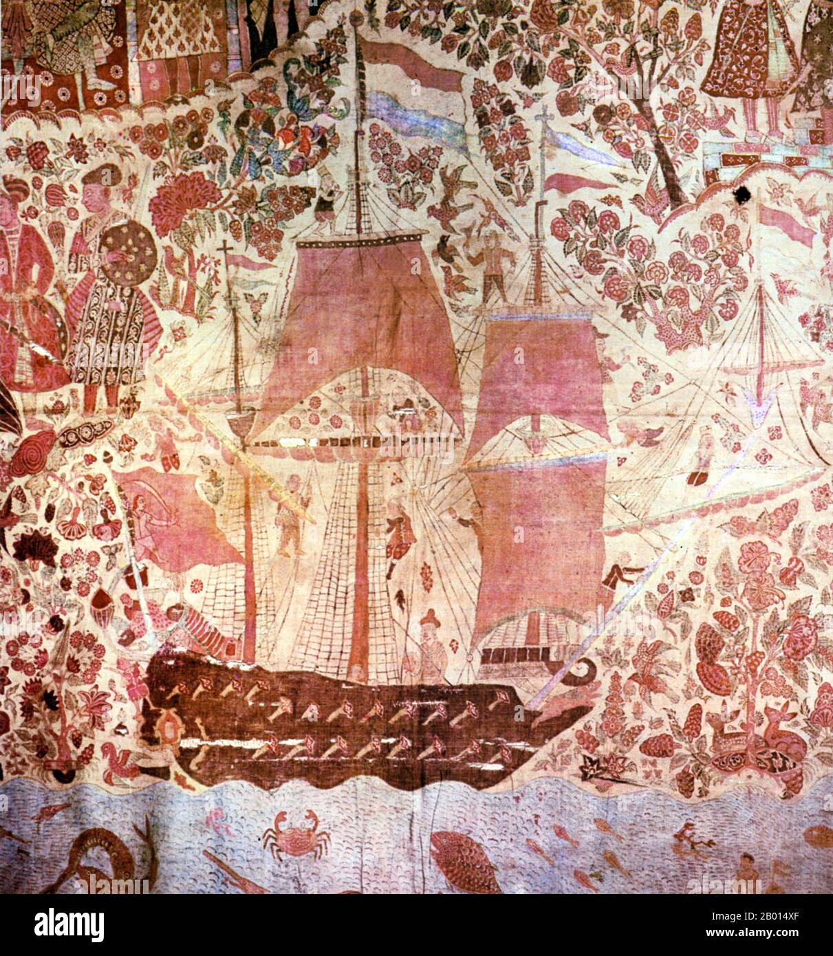 India: A Dutch ship off the coast of India in the 1600s, painted on Indian cloth.  The Dutch East India Company, or VOC, was a chartered company established in 1602, when the States-General of the Netherlands granted it a 21-year monopoly to carry out colonial activities in Asia. It was the first multinational corporation in the world and the first company to issue stock. It was also arguably the world's first megacorporation, possessing quasi-governmental powers, including the ability to wage war, imprison and execute convicts, negotiate treaties, coin money and establish colonies. Stock Photo