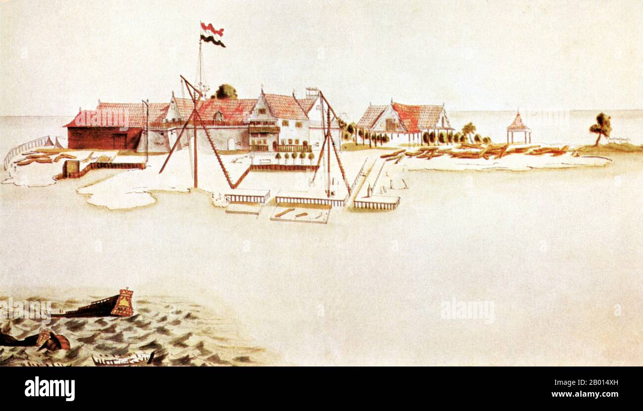 Indonesia: The Dutch fort at Batavia (Jakarta) in the 17th century.  Indonesia, or the East Indies, was a Dutch colony from 1800 to 1949. However, the Dutch East India Company (VOC) dominated trade in the region and the Dutch army was based in Bantam, then Jakarta, as a deterrent while the VOC exploited the Spice Islands and their rich natural resources of nutmeg, cloves, pepper and mace.  The Dutch East India Company, or VOC, was a chartered company granted a monopoly by the Dutch government to carry out colonial activities in Asia. It was the first multinational corporation in the world. Stock Photo
