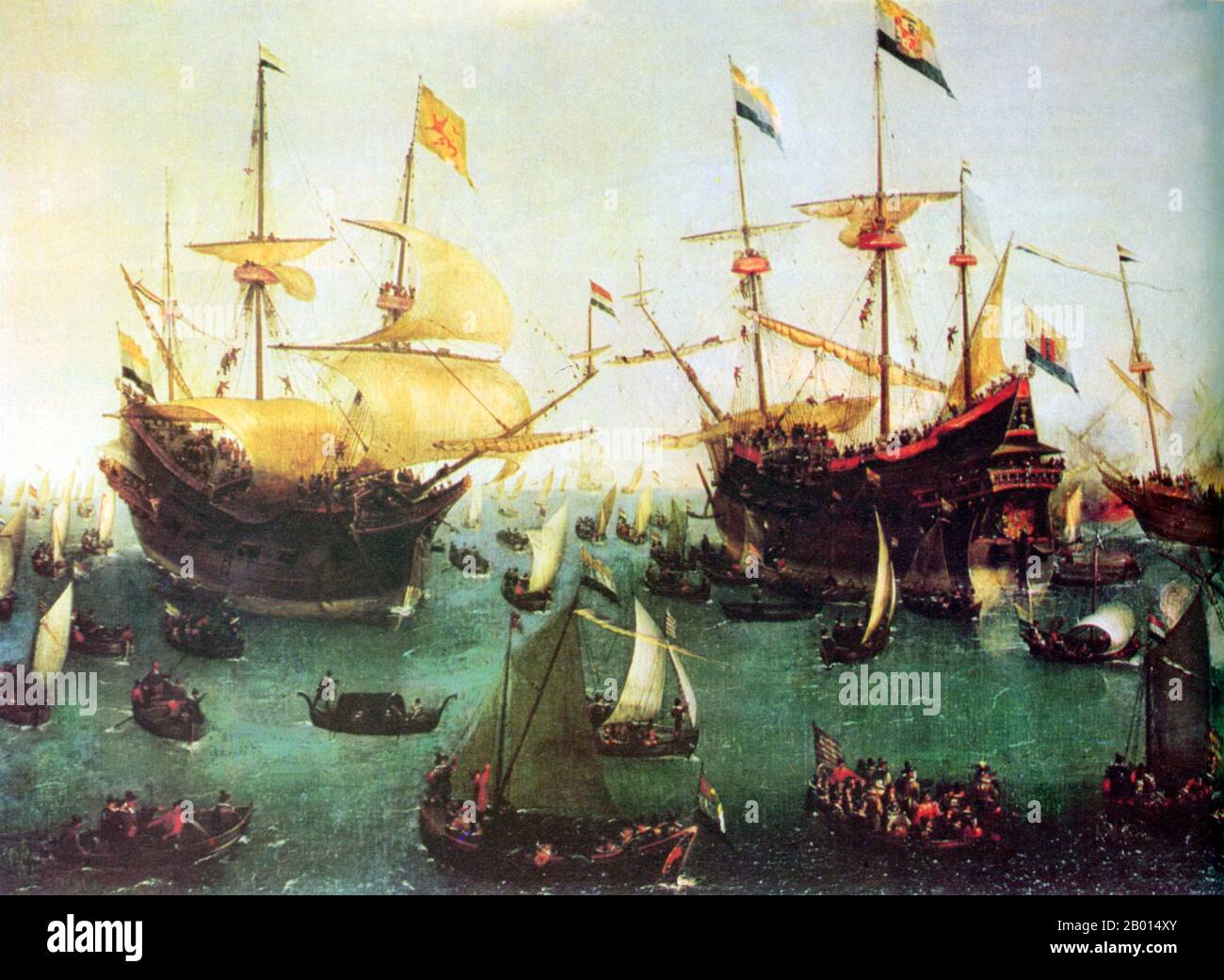 Netherlands/Indonesia: 'The Return to Amsterdam of the Second Expedition to the East Indies'. Oil on canvas painting by Cornelis Vroom (1590-1661), 1599.  The Dutch East India Company, or VOC, was a chartered company granted a monopoly by the Dutch government to carry out colonial activities in Asia. It was the first multinational corporation in the world and the first company to issue stock. It was also arguably the world's first megacorporation, possessing quasi-governmental powers, including the ability to wage war, imprison and execute convicts, negotiate treaties and establish colonies. Stock Photo