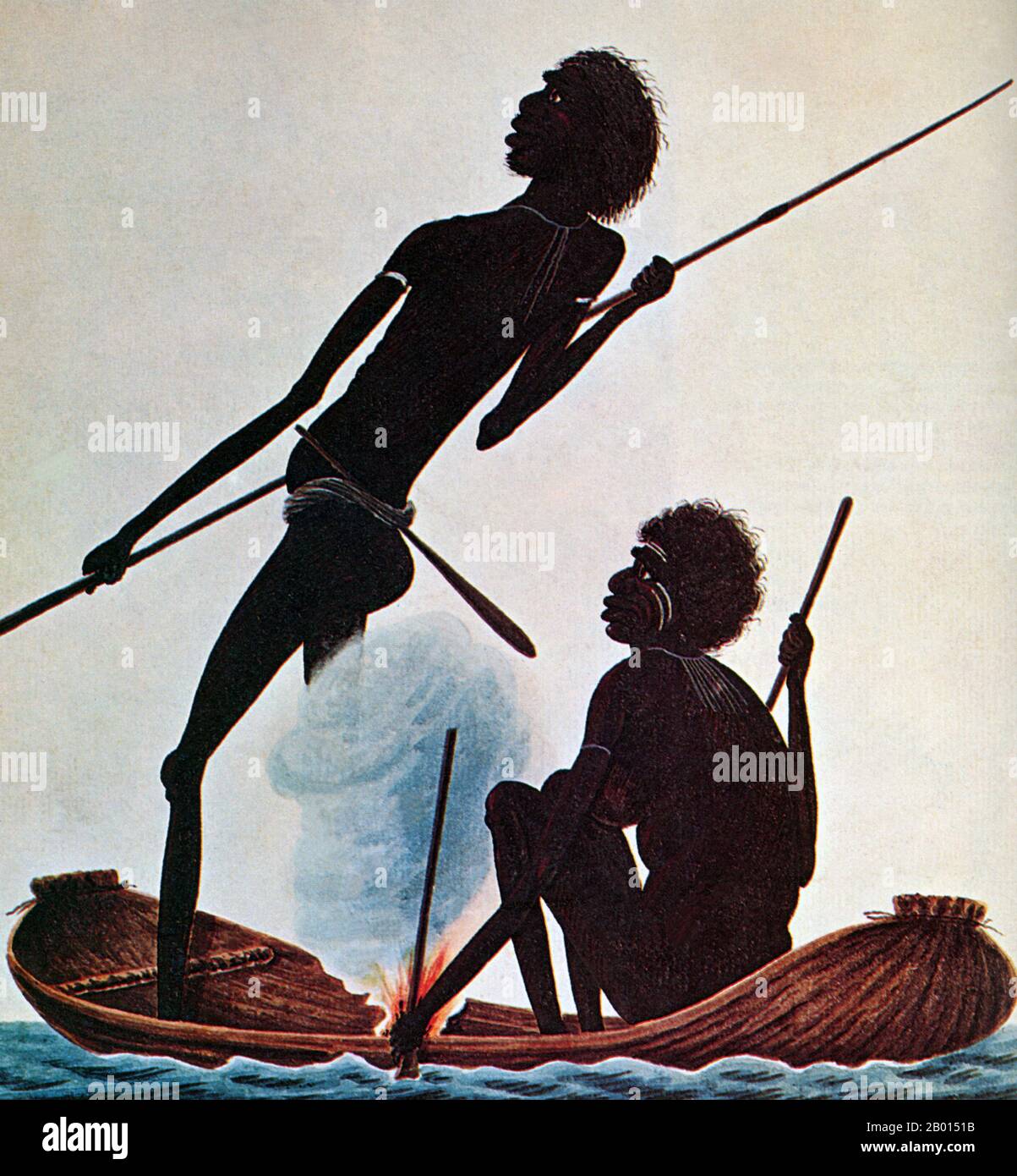 Australia: Australian aboriginals fishing in a canoe. Warercolour painting by Richard Browne (1776-1824), 1819.  Estimates of when the first indigenous Australians, or Aboriginal Australians, settled in the continent range from 16,000 years to 120,000 years ago. They lived a hunter-gatherer lifestyle and were semi-nomadic until the British arrived in 1788 to colonize Australia.  At that time, there were an estimated 500,000 indigenous people (approximately the same as the aboriginal population today) who spoke 250 to 300 languages and 600 dialects. Stock Photo