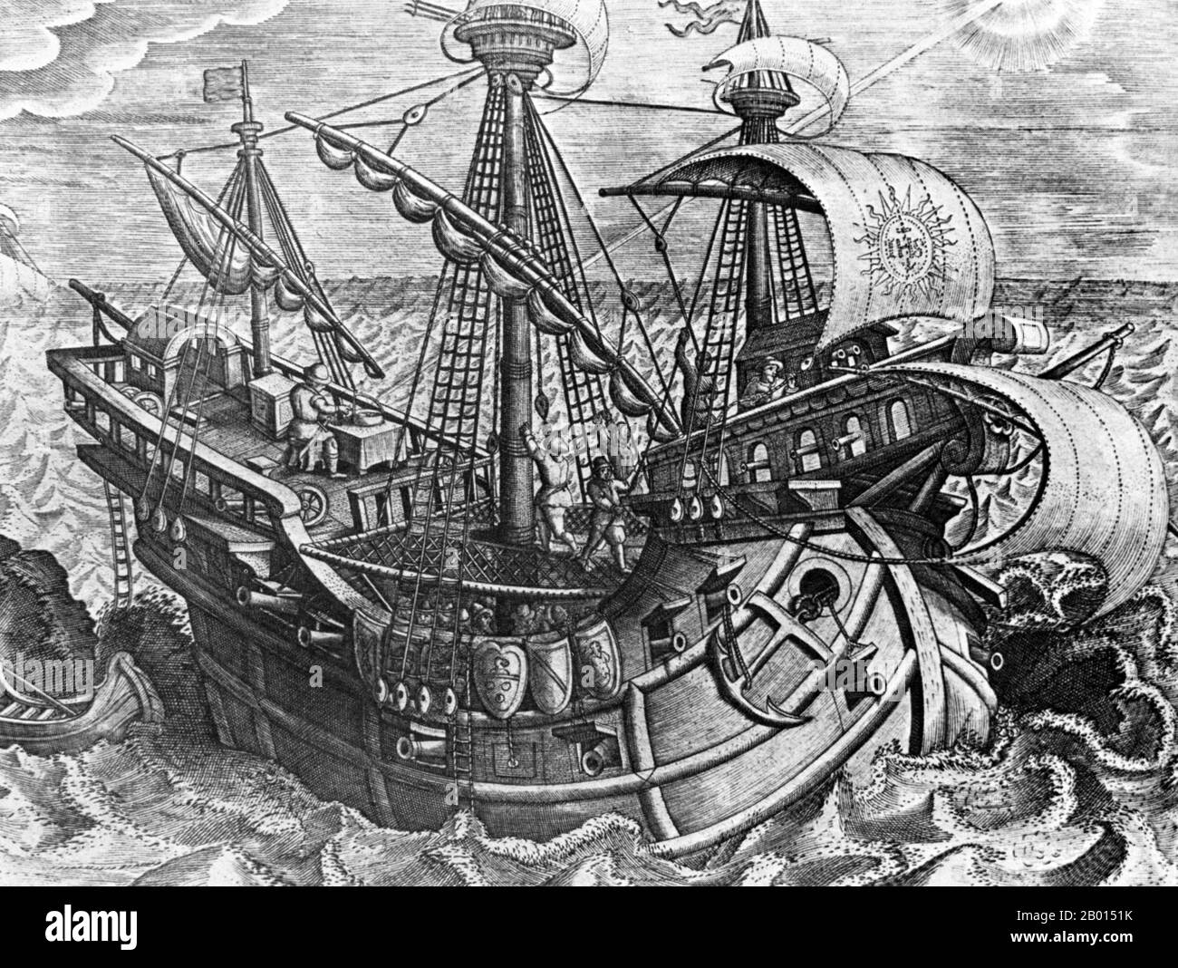 Spain/Americas: A Spanish carrack on an Atlantic expedition in the early 1500s, searching for a route to the Pacific. Note the pilot on the top deck taking a sight with a sextant. Engraving by Johannes Stradanus (1523-1605), c. 1600.  Ferdinand Magellan, or Fernão de Magalhães, (c. 1480–1521) was a Portuguese explorer. He was born in Sabrosa, in northern Portugal, but later obtained Spanish nationality in order to serve King Charles I of Spain in search of a westward route to the ‘Spice Islands’ (modern Maluku Islands in Indonesia). Stock Photo