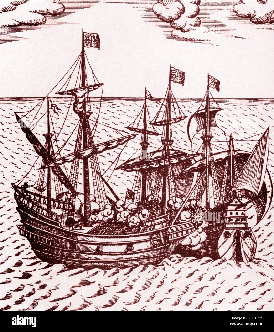 England: 'The Capture of the Cacafuego, the Spanish Treasure-Ship, by Sir Francis Drake'. Engraving by Friedrich van Hulsen (1580-1665), 1626.  Vice Admiral Sir Francis Drake (1540-1596) was an English sea captain, privateer, circumnavigator, slaver, a renowned pirate, and a politician of the Elizabethan era. Elizabeth I of England awarded Drake a knighthood in 1581. He was second-in-command of the English fleet against the Spanish Armada in 1588, subordinate only to Charles Howard and the Queen herself. He died of dysentery in January 1596 after unsuccessfully attacking San Juan, Puerto Rico. Stock Photo