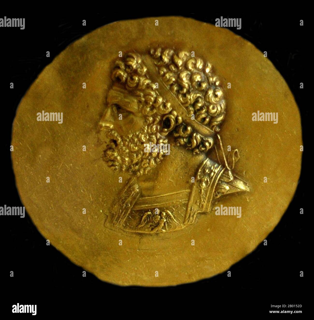 Rome/Greece: Head of Philip II of Macedon (r.359-336 BCE), on a gold Niketerion (victory medallion), believed to have been minted in Tarsus during the reign of Emperor Alexander Severus, 3rd century CE.  Philip II of Macedon, (382-336 BCE), was a Greek king (basileus) of Macedon from 359 BCE until his assassination in 336 BCE. He was the father of Alexander the Great and Philip III. Stock Photo