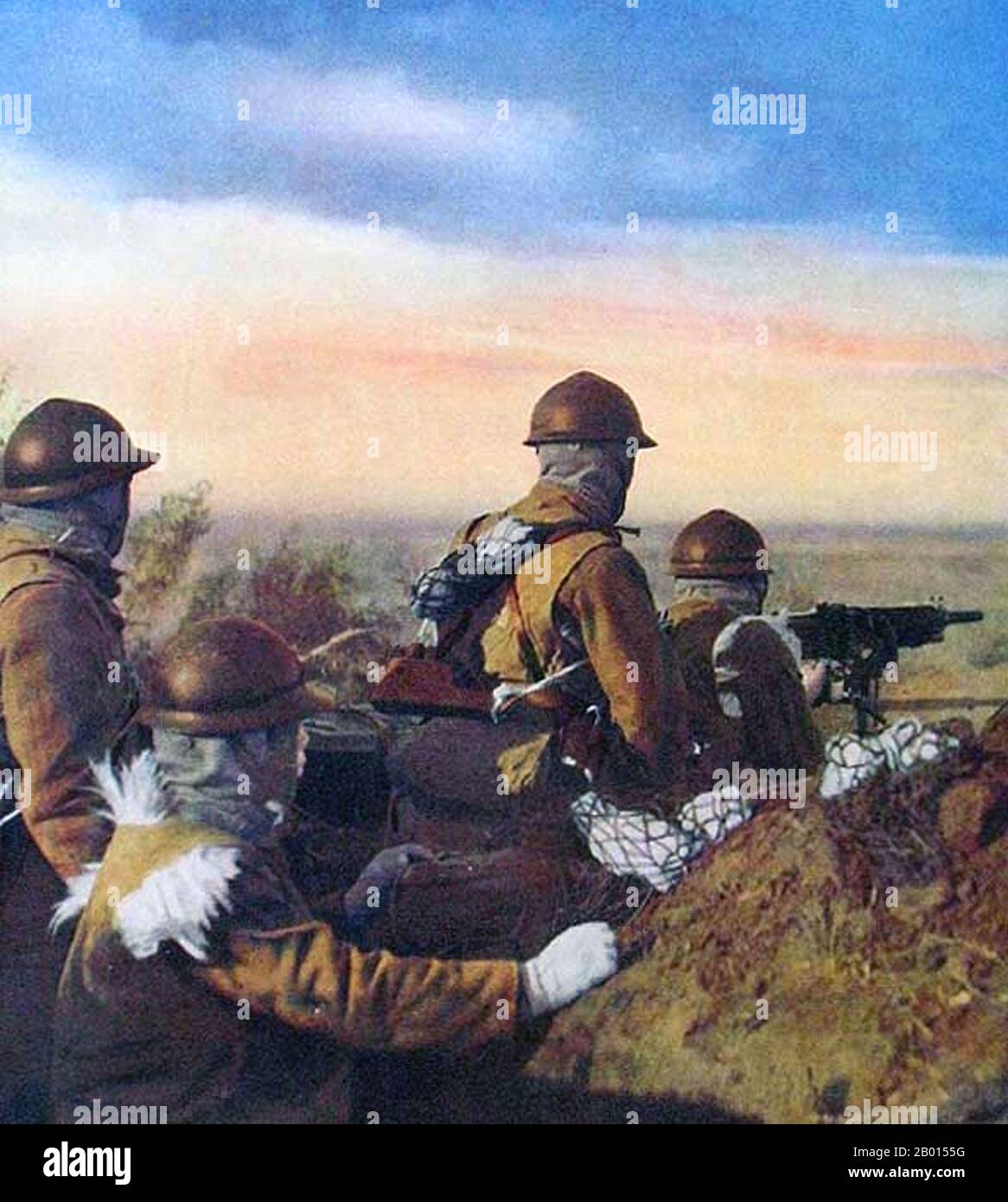China: Japanese troops using a heavy machine gun during the invasion of Manchuria in 1931.  The Second Sino-Japanese War was a military conflict fought primarily between the Republic of China and the Empire of Japan. After the Japanese attack on Pearl Harbor, the war merged into the greater conflict of World War II as a major front of what is broadly known as the Pacific War. Although the two countries had fought intermittently since 1931, total war started in earnest in 1937 and ended only with the surrender of Japan in 1945. Stock Photo