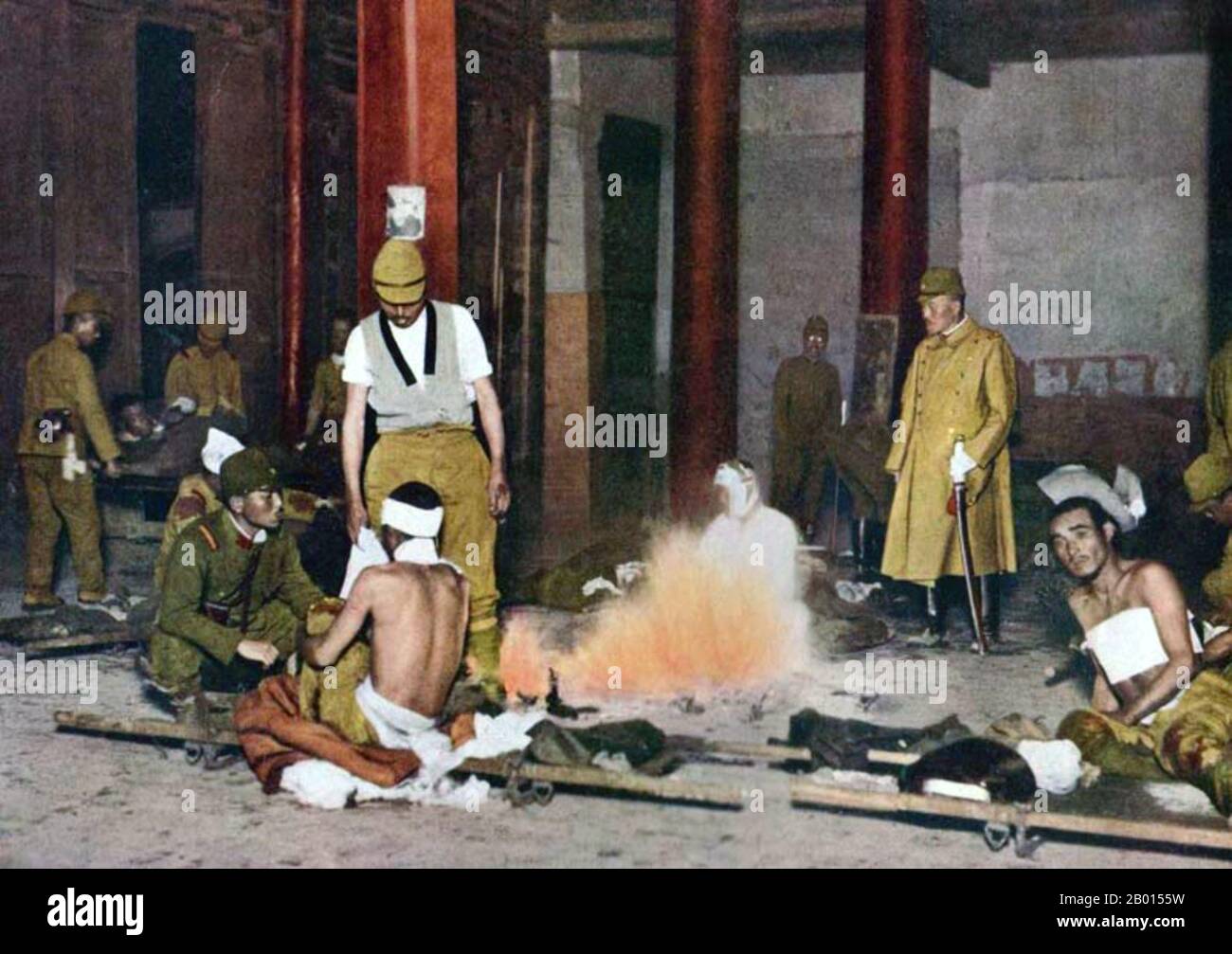 China: Improvised Japanese field hospital, Beijing, 1938. Second Sino-Japanese War (July 7, 1937 – September 9, 1945).  The Second Sino-Japanese War was a military conflict fought primarily between the Republic of China and the Empire of Japan. After the Japanese attack on Pearl Harbor, the war merged into the greater conflict of World War II as a major front of what is broadly known as the Pacific War. Although the two countries had fought intermittently since 1931, total war started in earnest in 1937 and ended only with the surrender of Japan in 1945. Stock Photo