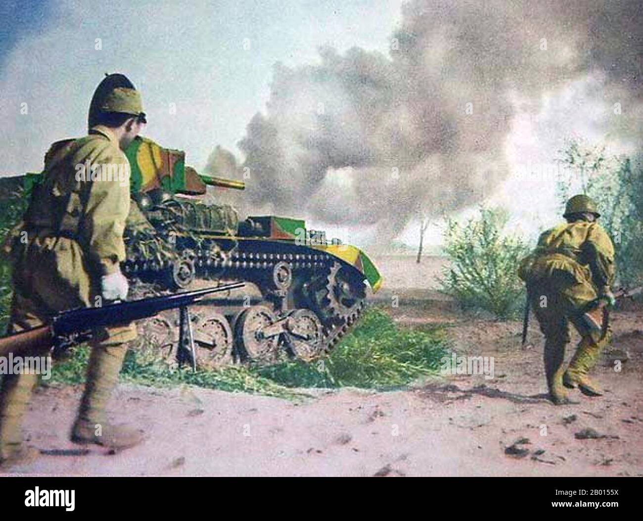 China: Japanese infantry and tank move into action, 1939. Second Sino-Japanese War (July 7, 1937 – September 9, 1945).  The Second Sino-Japanese War was a military conflict fought primarily between the Republic of China and the Empire of Japan. After the Japanese attack on Pearl Harbor, the war merged into the greater conflict of World War II as a major front of what is broadly known as the Pacific War. Although the two countries had fought intermittently since 1931, total war started in earnest in 1937 and ended only with the surrender of Japan in 1945. Stock Photo