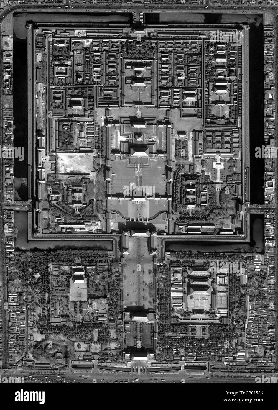 China: Beijing - The Forbidden City from above.  A high definition aerial photograph of the entire Forbidden City in Beijing. The top of the image is north. Tiananmen Gate is to the south. Stock Photo