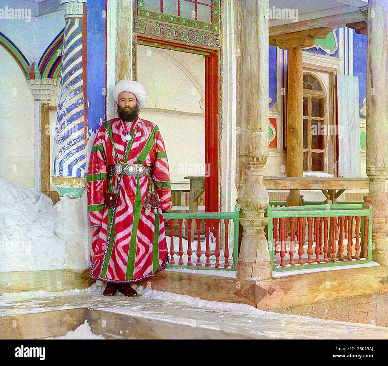 Uzbekistan: A minister of the Emirate of Bukhara in formal dress. Photo by Sergei Prokudin-Gorskii (1863-1944), c. 1905-1915.   Uzbekistan: Flag of the Emirate of Bukhara (1785-1920).  The Emirate of Bukhara  was a Central Asian state that existed from 1785 to 1920. It occupied the land between the Amu Darya and Syr Darya rivers, known formerly as Transoxiana. Its core territory was the land along the lower Zarafshan River, and its urban centres were the ancient cities of Samarkand and the emirate's capital, Bukhara. It was contemporaneous with the Khanate of Khiva to the west, in Khwarezm. Stock Photo