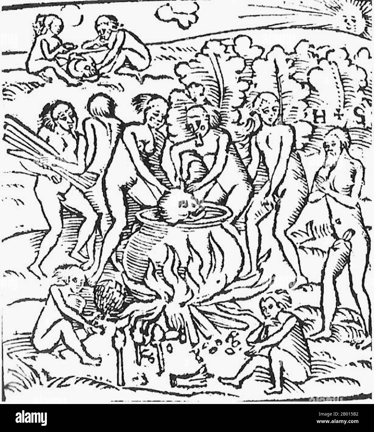 Brazil: Cannibalism in Brazil in 1557 as alleged by Hans Staden. Woodcut print by an unidentified artist, c. 1557.  Hans Staden (c. 1525 - c. 1579) was a German soldier and mariner who voyaged to South America. On one voyage, he was captured by the Tupinamba people of Brazil whom he claimed practiced cannibalism. He wrote a widely read book describing his experiences. Stock Photo