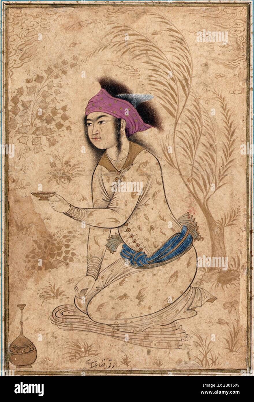 Iran: A youth kneeling and proffering a wine cup. Watercolour painting by Riza Abbasi (1565-1635), early 17th century.  Riza Abbasi, Riza yi-Abbasi or Reza-e Abbasi, also Aqa Riza or Āqā Riżā Kāshānī (c. 1565–1635) was the leading Persian miniaturist of the Isfahan School during the later Safavid period, spending most of his career working for Shah Abbas I (r.1587-1629). He is considered to be the last great master of the Persian miniature, best known for his single miniatures for muraqqa or albums, especially single figures of beautiful youths. Stock Photo