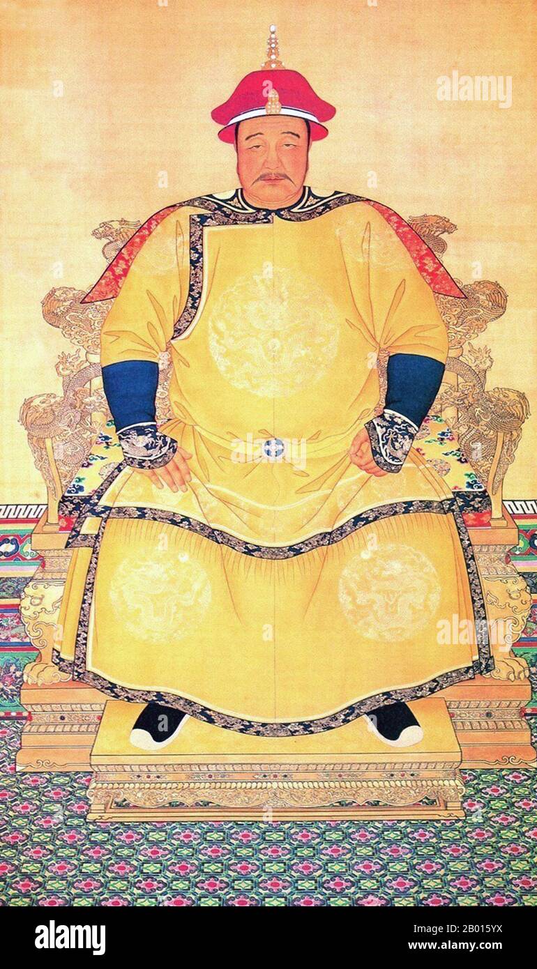 China: Huang Taiji (28 November 1592 – 21 September 1643), 2nd Qing Emperor (r. 1636-1643). Hanging scroll painting, 17th century.  Hong Taiji, temple name Taizong and also known as Abahai, was the second khan of the Later Jin Dynasty and founding emperor of the Qing Dynasty. He was responsible for consolidating the empire that his father, Nurhaci, had founded. He laid the groundwork for the conquering of the Ming dynasty in China proper, although he died before this was finished. He changed his people's name from Jurchen to Manchu in 1635 as well as that of the dynasty from Later Jin to Qing. Stock Photo