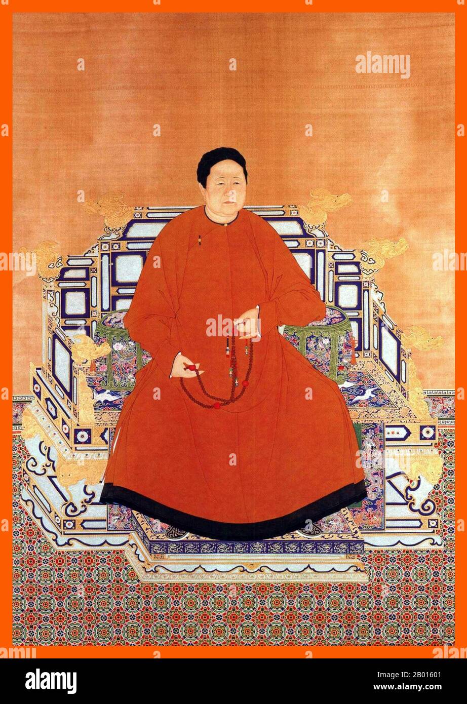 China: Empress Xiao Zhuang (March 28, 1613 - January 27, 1688), Grand Empress Dowager and descendant of Genghis Khan's family. Hanging scroll painting, 17th century.  The Empress Xiaozhuang, born Borjigit Bumbutai and honoured for most of her life by the title 'Grand Empress Dowager', was the concubine and consort of Emperor Huang Taiji, the mother of the Shunzhi Emperor and the grandmother of the Kangxi Emperor during the Qing Dynasty. She wielded significant influence over the imperial court during the rule of her son and grandson, and was known for her wisdom and political ability. Stock Photo