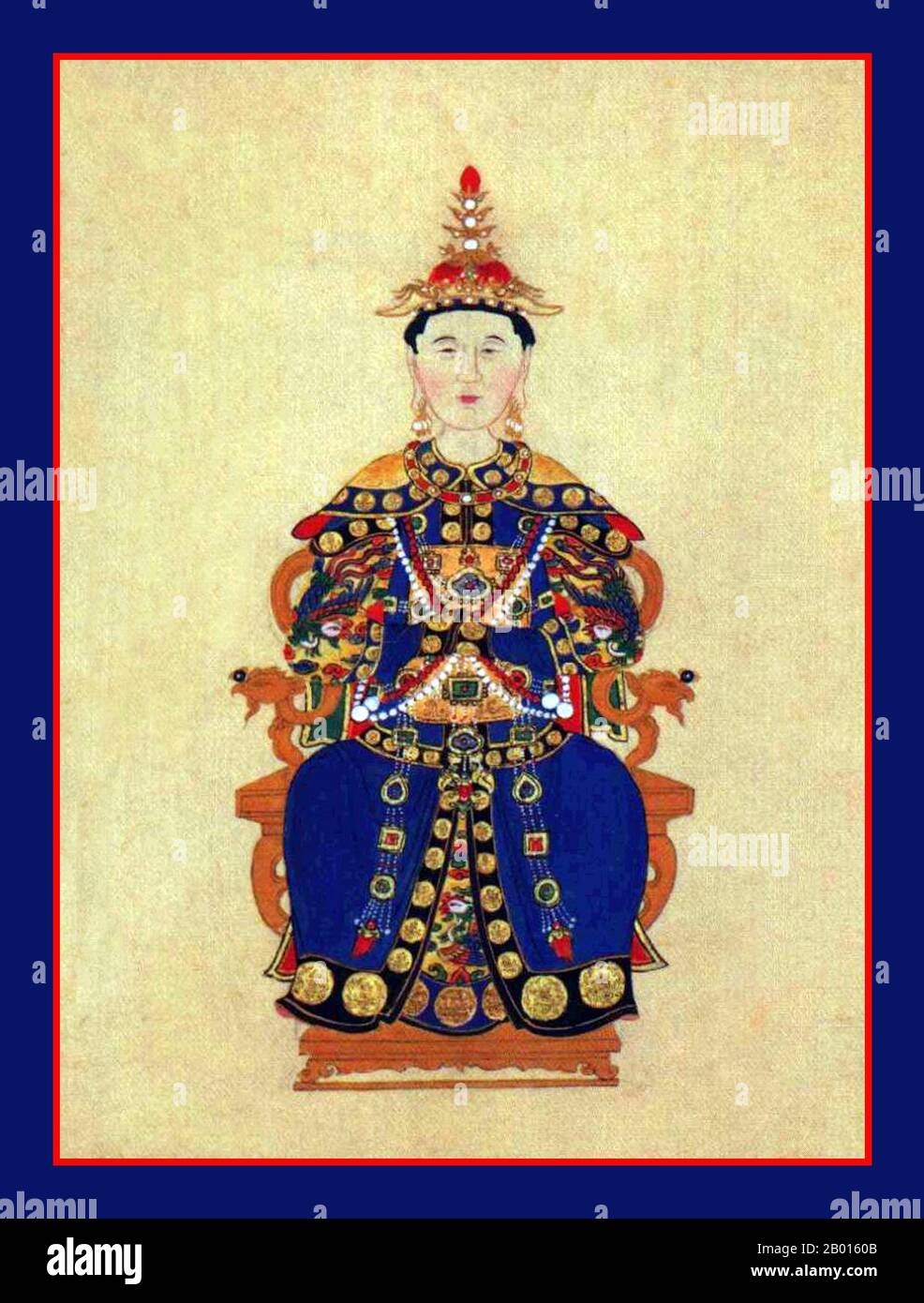 China: Empress Xiao Hui Zhang (5 November 1641 - 7 January 1718) second consort of the Shunzhi Emperor. Hanging scroll painting, late 17th century.  Empress Xiaohuizhang, born Alatan Qiqige, was originally of the Khorchin Mongol Borjigit clan. When Shunzhi's first Empress was demoted in 1653, Xiaohuizhang she was promoted to Consort. One year later she officially became Shunzhi's second Empress. When the Kangxi Emperor ascended the throne, she was honoured as Dowager Empress Renxian, although she was not the biological mother of the new emperor. Stock Photo
