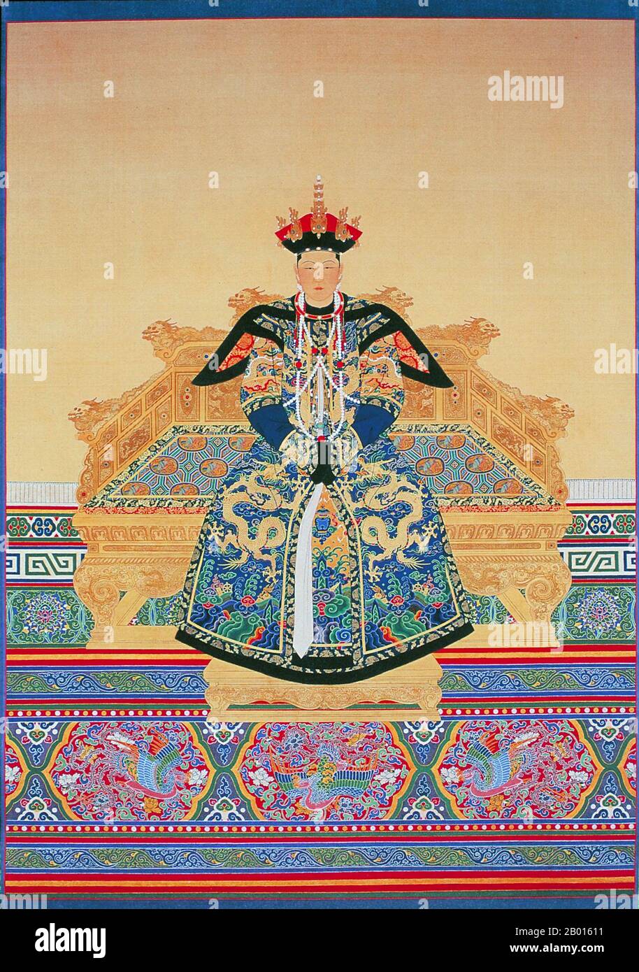 China: Empress Xiao Cheng Ren (26 November 1653 – 16 June 1674), first consort of the Kangxi Emperor. Hanging scroll painting, 17th century.  Empress Xiaochengren, also known as the Ren Xiao, was the first Empress Consort of the Kangxi Emperor of the Qing Dynasty. She came from the Manchu Heseri clan, and therefore was known as 'Empress Heseri'. She married the emperor in 1665, who was very fond of her. In 1669, Heseri gave birth to a son, who died prematurely. In 1674, Heseri died at the age of 20 while giving birth to Prince Yin Reng, who became the crown prince of the Kangxi Emperor. Stock Photo