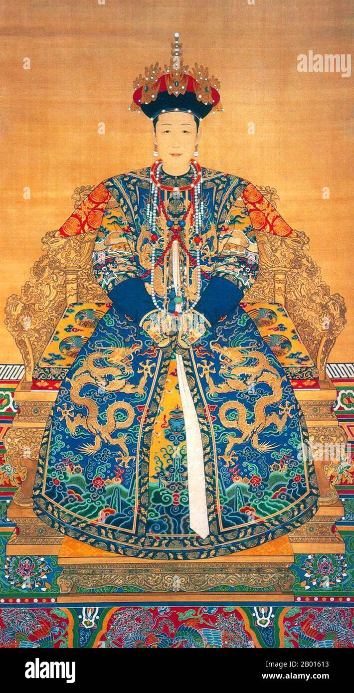 China: Empress Xiao Gong Ren (28 April 1660 - 25 June 1723) fourth consort of the Kangxi Emperor. Hanging scroll painting, 18th century.  Empress Xiaogongren was an Imperial Consort of the Kangxi Emperor and mother of the Yongzheng Emperor. She came from the Uya clan, of the Manchu yellow banner corps. In 1678 Uya gave birth to the Kangxi Emperor's fourth surviving son Yin Zhen, the future Yongzheng Emperor. In 1682 she was granted the title of Imperial Consort De. When her son Yinzhen succeeded to the throne in 1722, she received the title of 'Empress Dowager Renshou'. She passed away in 1723 Stock Photo