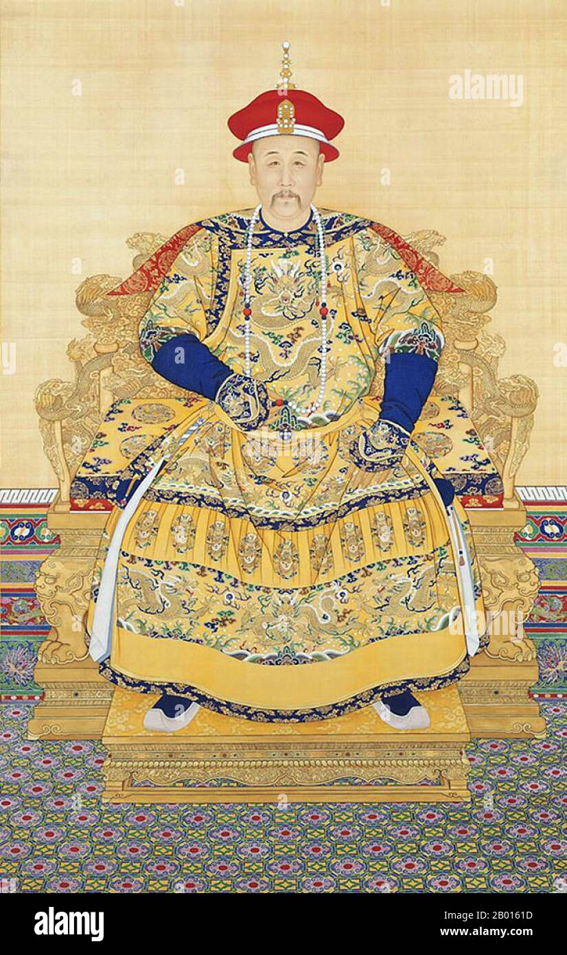 China: Emperor Yongzheng (13 December 1678 – 8 October 1735), 5th ruler of the Qing Dynasty (r. 1722-1735). Hanging scroll painting, 18th century.  The Yongzheng Emperor, born Yinzhen and temple name Shizong, was the fifth emperor of the Qing Dynasty. A hard-working ruler, Yongzheng's main goal was to create an effective government at minimum expense. Like his father, the Kangxi Emperor, Yongzheng used military force in order to preserve the dynasty's position. Suspected by historians to have usurped the throne, his reign was often called despotic, efficient, and vigorous. Stock Photo