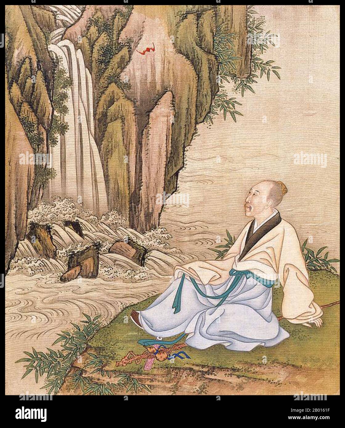 China: Emperor Yongzheng (13 December 1678 – 8 October 1735), 5th ruler of the Qing Dynasty (r. 1722-1735), relaxing by a waterfall. Album leaf painting, c. 1723-1735.  The Yongzheng Emperor, born Yinzhen and temple name Shizong, was the fifth emperor of the Qing Dynasty. A hard-working ruler, Yongzheng's main goal was to create an effective government at minimum expense. Like his father, the Kangxi Emperor, Yongzheng used military force in order to preserve the dynasty's position. Suspected by historians to have usurped the throne, his reign was often called despotic, efficient, and vigorous. Stock Photo