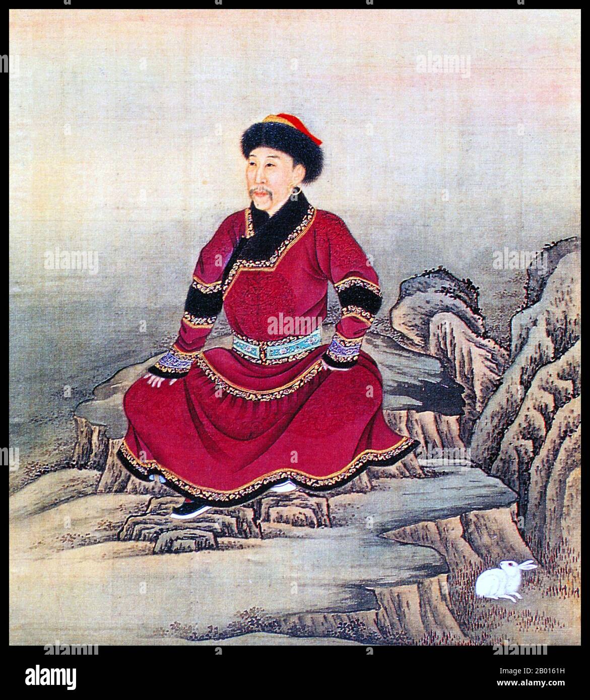 China: Emperor Yongzheng (13 December 1678 – 8 October 1735), 5th ruler of the Qing Dynasty (r. 1722-1735), in traditional costume. Album leaf painting, c. 1723-1735.  The Yongzheng Emperor, born Yinzhen and temple name Shizong, was the fifth emperor of the Qing Dynasty. A hard-working ruler, Yongzheng's main goal was to create an effective government at minimum expense. Like his father, the Kangxi Emperor, Yongzheng used military force in order to preserve the dynasty's position. Suspected by historians to have usurped the throne, his reign was often called despotic, efficient, and vigorous. Stock Photo