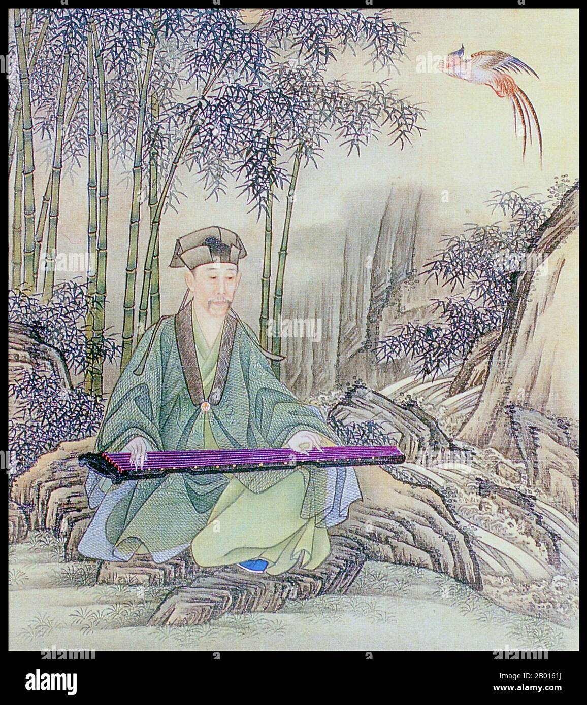 China: Emperor Yongzheng (13 December 1678 – 8 October 1735), 5th ruler of the Qing Dynasty (r. 1722-1735), playing a guzheng. Album leaf painting, c. 1723-1735.  The Yongzheng Emperor, born Yinzhen and temple name Shizong, was the fifth emperor of the Qing Dynasty. A hard-working ruler, Yongzheng's main goal was to create an effective government at minimum expense. Like his father, the Kangxi Emperor, Yongzheng used military force in order to preserve the dynasty's position. Suspected by historians to have usurped the throne, his reign was often called despotic, efficient, and vigorous. Stock Photo