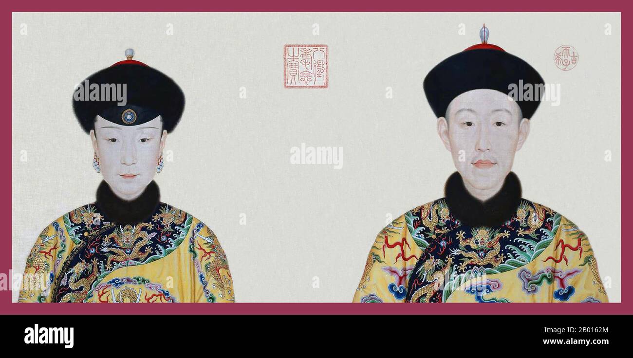 China: The Qianlong Emperor (25 September 1711 - 7 February 1799) and Empress Xiao Xian Chun (1712-1748). Handscroll painting by Giuseppe Castiglione (1688-1766), 1736.  The Qianlong Emperor, born Hongli and temple name Gaozong, was the fifth emperor of the Qing Dynasty. The fourth son of the Yongzheng Emperor, he reigned officially from 1735 to 1796, before abdicating in favor of his son, the Jiaqing Emperor - a filial act to not rule longer than his grandfather, the Kangxi Emperor. Despite his retirement, he retained ultimate power until his death. Stock Photo