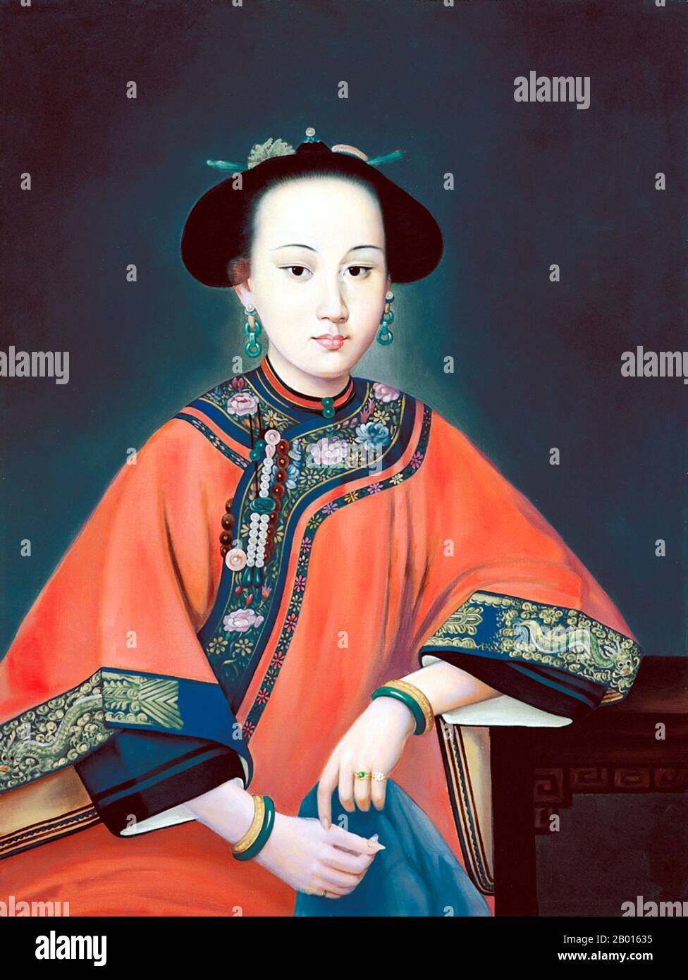 China: 'The Fragrant Concubine' Oil on canvas painting by Giuseppe Castiglione/Lang Shining (1688-1766), c. 1750.  The Fragrant Concubine ('Xiang Fei') was a figure in Chinese legend, a suspected consort of the Qianlong Emperor. Although the stories about her are believed to be mythical, they may have been based on an actual concubine from western China who entered the imperial harem in 1760 and was titled 'Imperial Consort Rong'. Some suggest, however, that Imperial Consort Rong and Xiang Fei (whose original name may have been Nur Ela Nurhan or Iparhan) were different women. Stock Photo