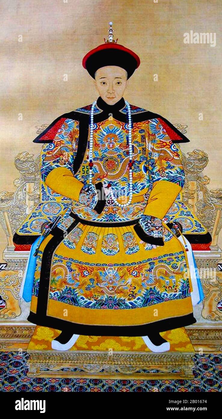 China: Emperor Xianfeng (17 July 1831– 22 August 1861), 9th Qing Emperor (r. 1850-1861). Hanging scroll painting, c. 1850s.  The Xianfeng Emperor, given name Yizhu and temple name Wenzong, was the seventh Emperor of the Qing Dynasty. His reign was chaotic and saw several wars and rebellions break out, such as the Taiping Rebellion, Miao Rebellion, Nian Rebellion, Panthay Rebellion and the Second Opium War. He was an ineffective and self-indulgent leader, and the Qing Dynasty lost great swathes of land under his rule. His view on Chinese superiority led him to severely misunderstand Europeans. Stock Photo