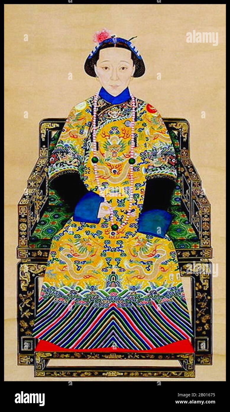 China: Empress Xiaozhen (12 August 1837 - 8 April 1881), second Empress Consort of the Xianfeng Emperor. Hanging scroll painting, c. 1850s.  The Empress Dowager Ci'an, popularly known in China as the East Empress Dowager and officially known posthumously as Empress Xiaozhenxian, was the second Empress Consort to the Xianfeng Emperor of the Qing Dynasty. Hailing from the Manchu Bordered Yellow Banner Niohuru clan, she was a senior member of the imperial family, and served as regent for two young emperors: the Tongzhi Emperor and the Guangxu Emperor. Stock Photo