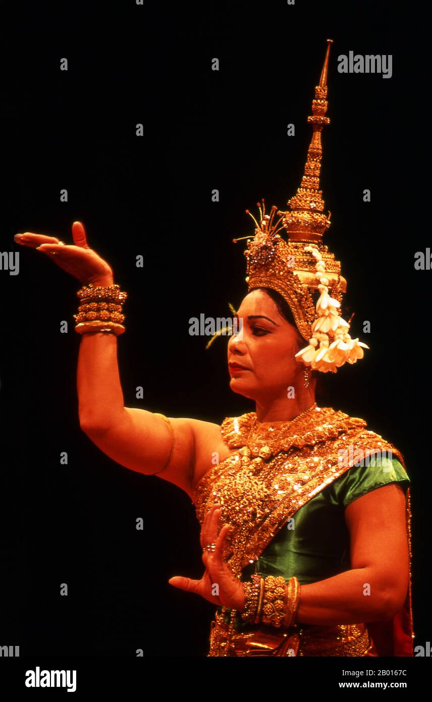 Cambodia: Dancer, Royal Ballet of Cambodia, Phnom Penh.  Khmer classical dance is similar to the classical dances of Thailand and Cambodia. The Reamker is a Khmer version of the Ramayana and is one of the most commonly performed dance dramas. Stock Photo