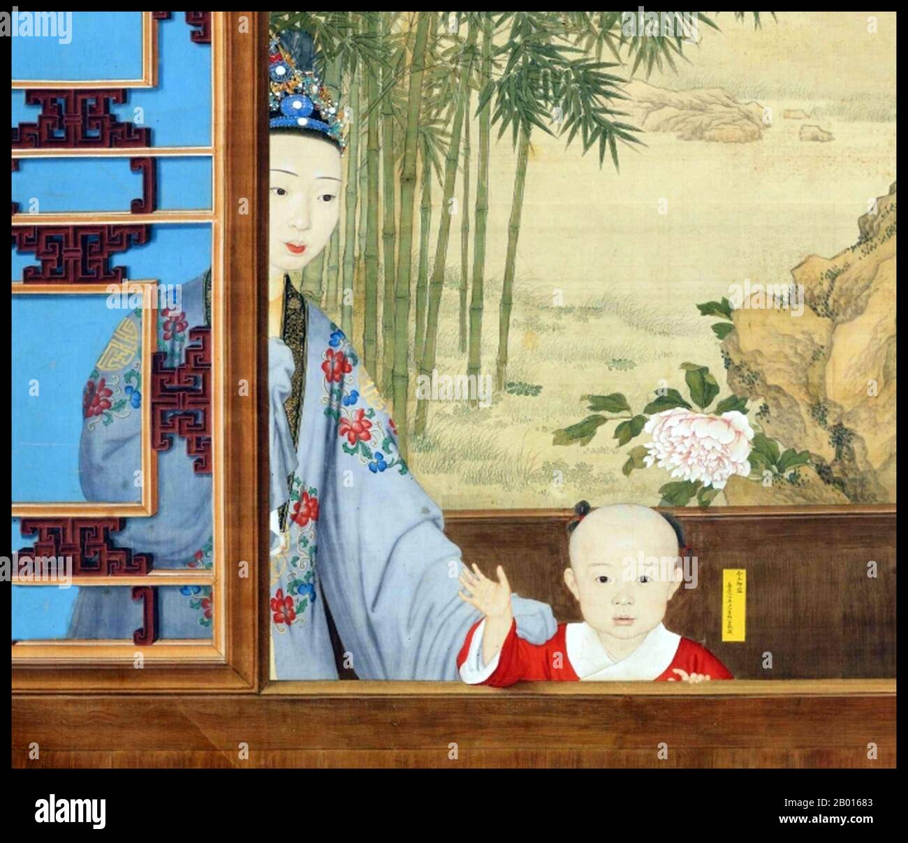 China: The future Jiaqing Emperor (13 November 1760 - 2 September 1820) with his mother, Empress Xiao Yi Chun (23 October 1727 - 28 February 1775). Handscroll painting by Giuseppe Castiglione (1688-1766), c. 1760s.  Empress Xiaoyichun came from the Han Chinese Wei clan, which was later renamed to the Manchu Weigiya clan. Lady Wei was elevated to 'Concubine Ling' in 1745, before becoming 'Consort Ling' in 1749. When Empress Nara died, the Qianlong Emperor did not name a successor, but Lady Wei became the highest ranking consort and was placed in charge of the imperial harem. Stock Photo