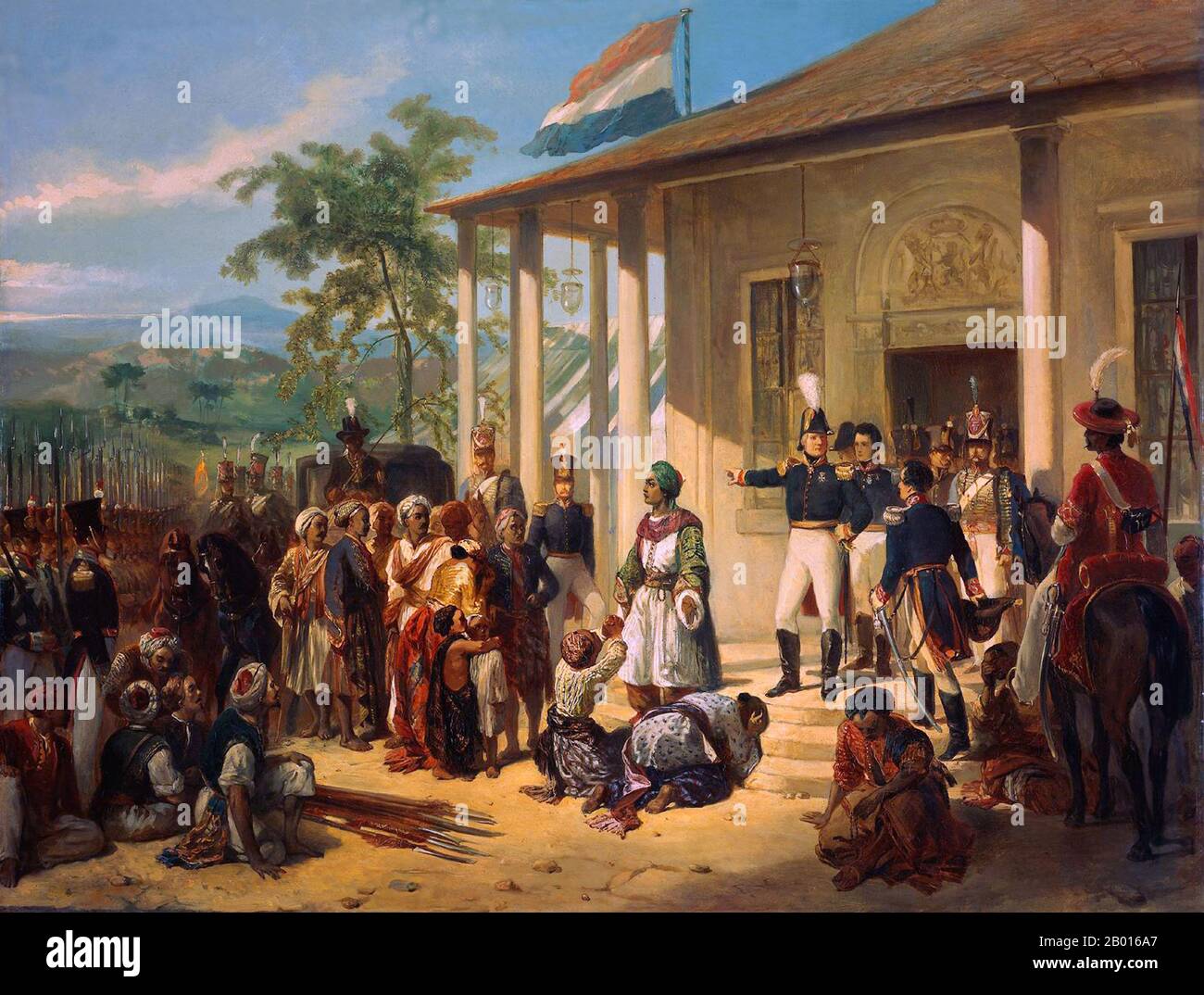 Netherlands / Indonesia: 'The Submission of Prince Dipo Negoro to General De Kock'. Oil on canvas painting by Nicolaas Pieneman (1809-1860), 1835.  The painting depicts the events on March 28, 1830, which brought about the end of the Java War (1825-1830).  The Javanese prince, Dipo Negoro, descends the stairs at the Dutch residence in Magelang after his surrender to General Baron de Kock. Two forlorn figures throw themselves at the prince’s feet. On the ground, in token of the surrender, lie a number of spears belonging to Dipo Negoro's followers. De Kock resolutely points to a carriage. Stock Photo