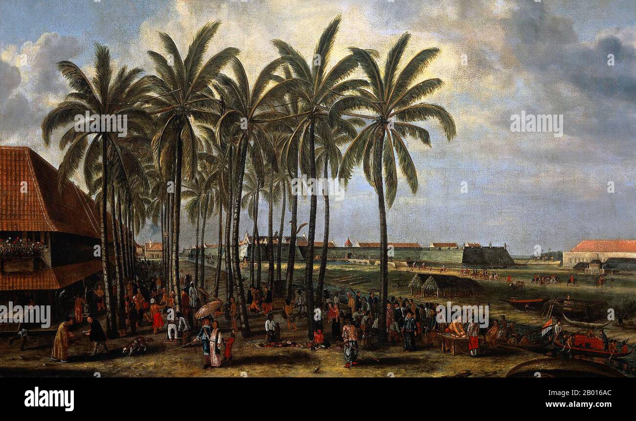 Netherlands/Indonesia: 'The Castle of Batavia'. Oil on canvas painting by Andries Beeckman (1628-1664), c. 1661.  A Batavia market is in full swing in the shade of the coconut palm trees. Traders from Java, China, Bengal and Europe are depicted trading with locals. In the background is the Batavia Castle, the Asian headquarters of the Dutch East India Company. Through the centre flows the Ciliwung, also known as Kali Besar ('Great River').  The Dutch East India Company, or VOC, was a chartered company granted a monopoly by the Dutch government to carry out colonial activities in Asia. Stock Photo