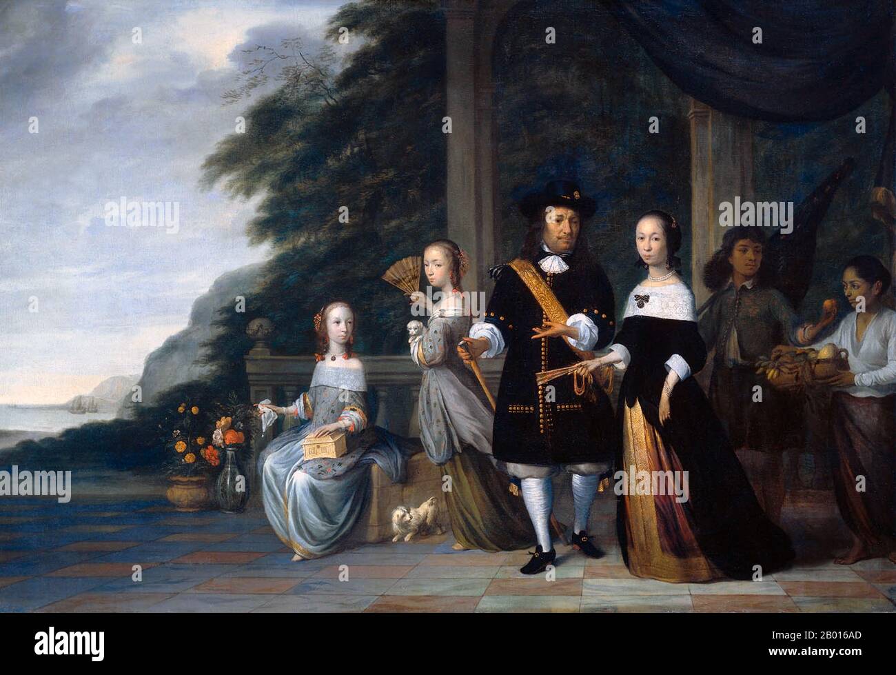 Netherlands/Indonesia: 'Pieter Cnoll, Cornelia van Nijenrode, their Daughters and Two Enslaved Servants'. Oil on canvas painting by Jacob Coeman (1632-1676), 1665.  Pieter Cnoll/Pieter Knoll (-1672) was a wealthy senior merchant representing the Dutch East India Company (VOC) as Director General in Batavia (now Jakarta), a major port and Dutch trade centre in the 17th century. Cnoll was married to a Eurasian woman, Cornelia van Nijenroode, who was the daughter of a Japanese woman and Cornelis van Nieuwroode, a VOC governor in Japan. Stock Photo