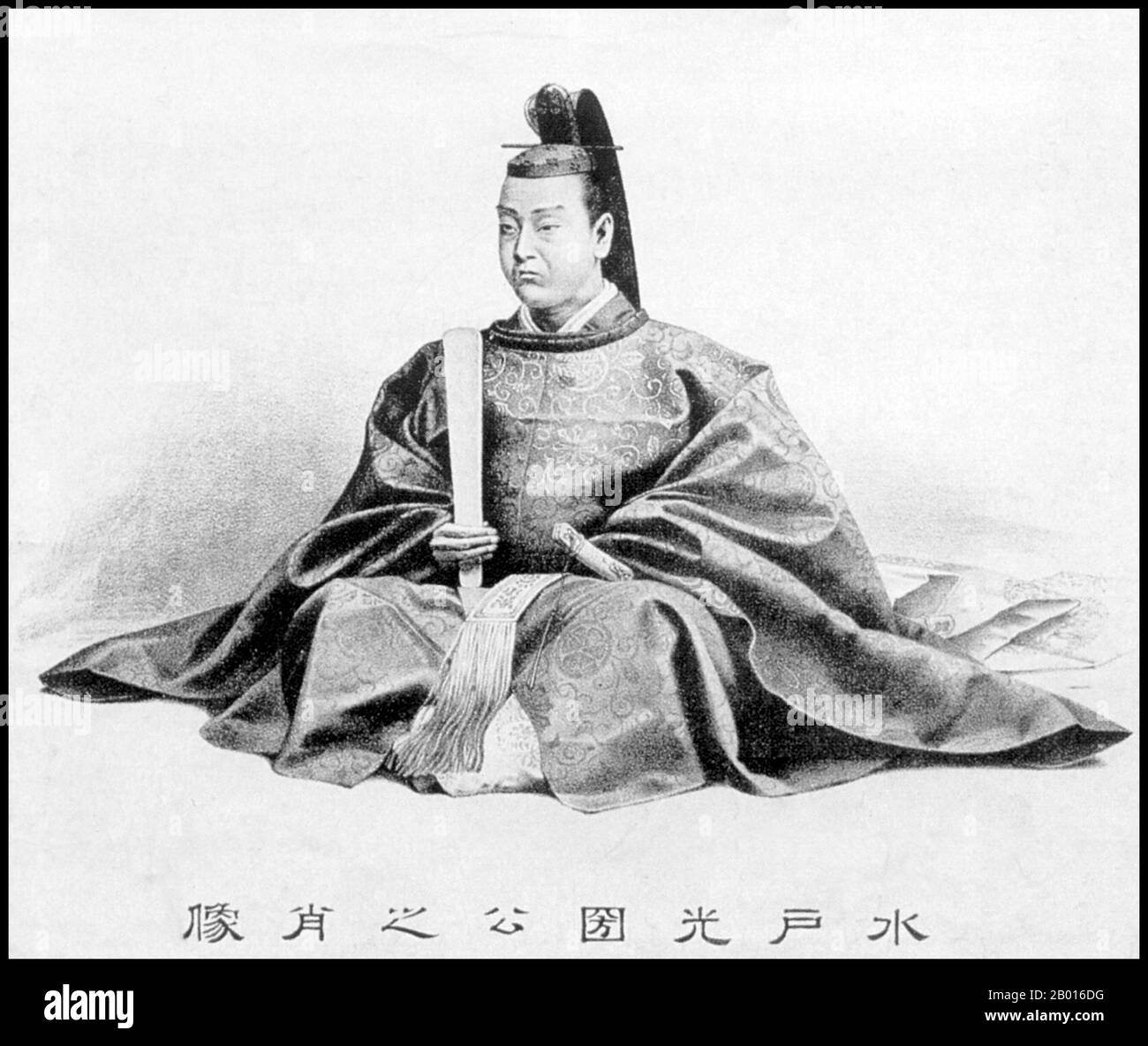 Japan: Tokugawa Mitsukini (11 July 1628 - 14 January 1701), Daimyo of Mito (r. 1661-1691). Illustration, c. late 19th century.  Tokugawa Mitsukuni, also known as Mito Komon and born Chomaru, was an important daimyo known for his influence in the politics of the early Edo period. The third son of Tokugawa Yorifusa (who in turn was the eleventh son of Shogun Tokugawa Ieyasu), Mitsukuni succeeded him to become the second daimyo of the Mito Domain. He was responsible for assembling scholars to compile a concise record of Japanese history, which was called 'Dai Nihonshi'. He is venerated as a kami. Stock Photo