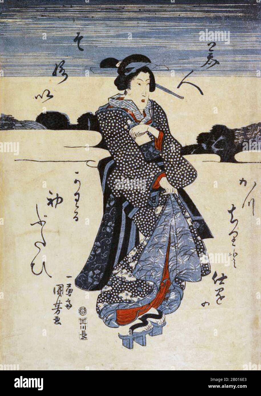 Japan: 'Series of Beauties'. Ukiyo-e woodblock print by Utagawa Kuniyoshi (1 January 1798 - 14 April 1861). c. 1834.  Utagawa Kuniyoshi was one of the last great masters of the Japanese ukiyo-e style of woodblock prints and painting. He is associated with the Utagawa school. The range of Kuniyoshi's preferred subjects included many genres: landscapes, beautiful women, Kabuki actors, cats, and mythical animals. He is known for depictions of the battles of samurai and legendary heroes. His artwork was affected by Western influences in landscape painting and caricature. Stock Photo