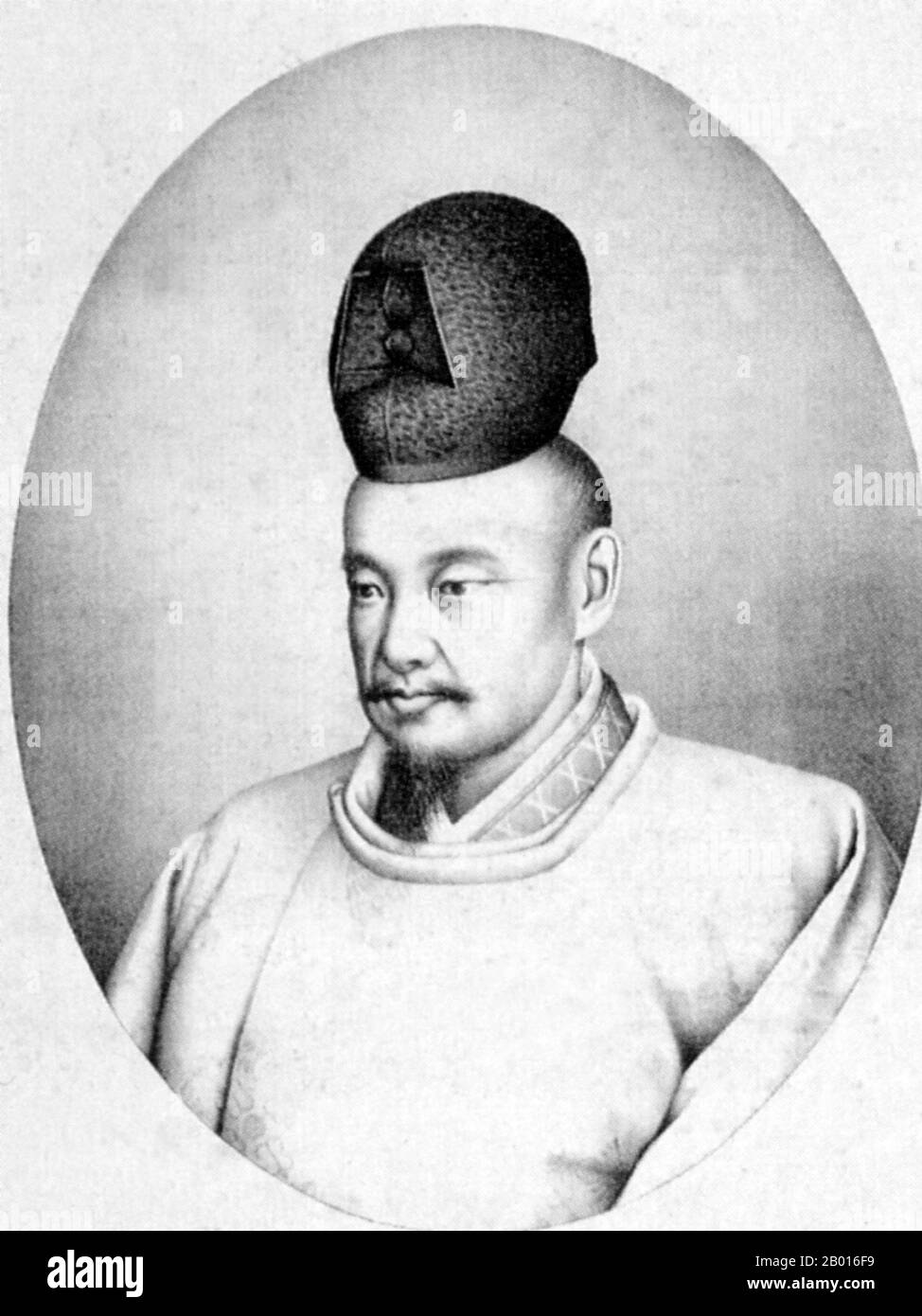 Japan: Tokugawa Nariaki (4 April 1800 - 29 September 1860), Daimyo of Mito Domain (r. 1829-1844). Portrait, mid-19th century.  Tokugawa Nariaki, born Torasaburo and also known as Keisaburo, was a prominent Japanese daimyo who ruled the Mito domain (now Ibaraki prefecture). He became daimyo in 1829, and was leader of the Joi ('expel the barbarian') party, who were xenophobic and favoured restoring power to the Emperor as well as isolating Japan from the world. His actions led to the rise of nationalism and the Meiji Restoration. His son, Tokugawa Yoshinobu, would become Japan's last shogun. Stock Photo