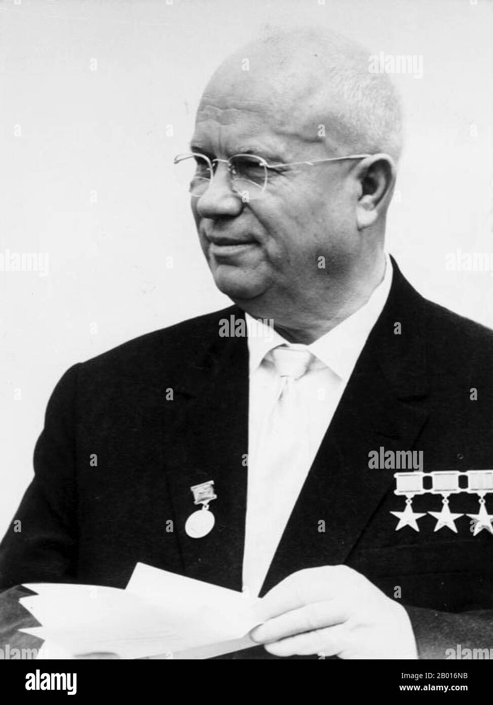 Soviet Union: Nikita Khrushchev (15 April 1894 - 11 September 1971), First Secretary of the Communist Party of the Soviet Union (r. 1953-1964), in East Berlin, June 1963. Photo by Bundesarchiv, Bild 183-B0628-0015-035 / Heinz Junge (CC BY-SA 3.0 License).  Nikita Sergeyevich Khrushchev led the Soviet Union during part of the Cold War. He served as First Secretary of the Communist Party of the Soviet Union from 1953 to 1964, and as Chairman of the Council of Ministers, or Premier, from 1958 to 1964. Khrushchev was responsible for the partial de-Stalinization of the Soviet Union. Stock Photo