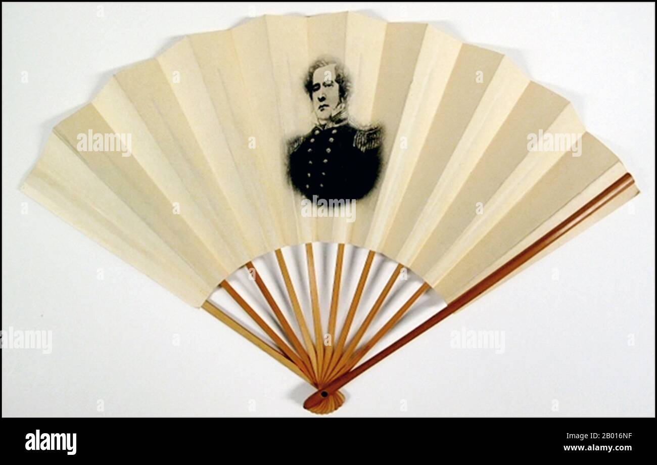 Japan: Folding fan with portrait image of Commodore Matthew Calbraith Perry (10 April 1794 - 4 March 1858), c. 1860.  Matthew Calbraith Perry was a Commodore of the U.S. Navy who compelled the opening of Japan to the West with the Convention of Kanagawa in 1854, when he threatened to bombard Edo (Tokyo) with his ships should they resist. Perry had commanded ships in several wars, including the War of 1812 and the Mexican-American War (1846-1848). His advocacy for the modernisation of the U.S. Navy led to him being called 'The Father of the Steam Navy'. Stock Photo