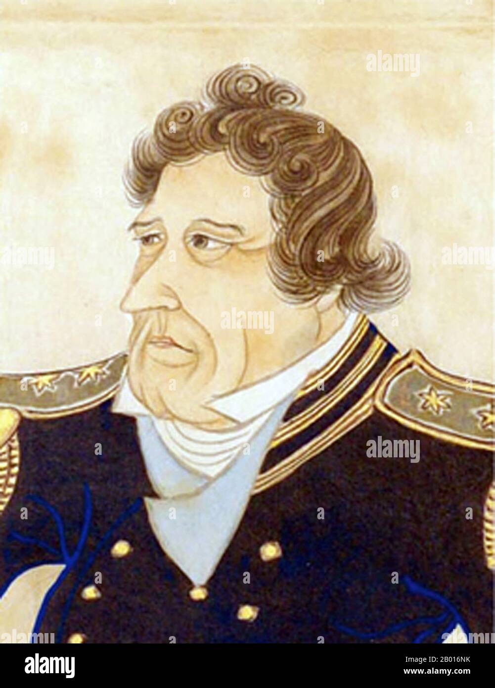 USA/Japan: Commodore Matthew Calbraith Perry (10 April 1794 - 4 March 1858). Painting by Hibata Osuke (fl. 19th century), c. 1854.  Matthew Calbraith Perry was a Commodore of the U.S. Navy who compelled the opening of Japan to the West with the Convention of Kanagawa in 1854, when he threatened to bombard Edo (Tokyo) with his ships should they resist. Perry had commanded ships in several wars, including the War of 1812 and the Mexican-American War (1846-1848). His advocacy for the modernisation of the U.S. Navy led to him being called 'The Father of the Steam Navy'. Stock Photo
