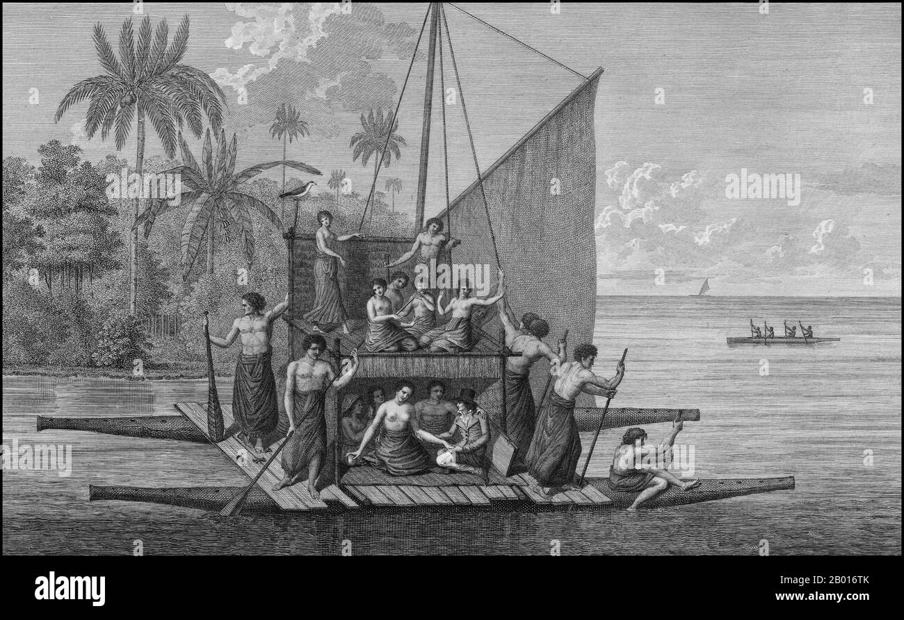 Tonga: Twin-deck canoe in the Friendly Isles (Tonga). Engraving from 'Atlas du Voyage de La Pérouse' by Jean Piron (1767-1797) & Jacques-Louis Copia (1764-1799), 1792.  Jean-François de Galaup, Comte de La Pérouse (1741-1788) was a French explorer and naval officer. In 1785, the King of France commissioned La Perouse to head an expedition to explore the Pacific Ocean, to investigate whaling and fur prospects, and to establish French claims in this area. La Pérouse had admired the explorer James Cook, and wanted to continue his work. Stock Photo