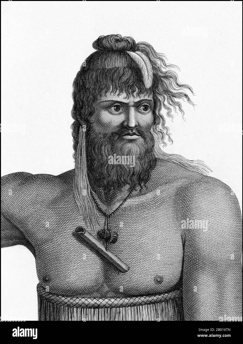 New Zealand: A Maori man. Engraving from 'Atlas du Voyage de La Pérouse' by Jean Piron (1767-1797) & Jacques-Louis Copia (1764-1799), 1792.  Jean-François de Galaup, Comte de La Pérouse (1741-1788) was a French explorer and naval officer. In 1785, the King of France commissioned La Perouse to head an expedition to explore the Pacific Ocean, to investigate whaling and fur prospects, and to establish French claims in this area. La Pérouse had admired the explorer James Cook, and wanted to continue his work. La Perouse was assigned two 500-ton ships called the Astrolabe and the Boussole. Stock Photo
